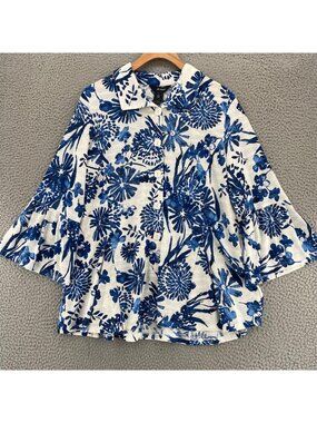 Ali Miles Shirt Womens Large Blue Floral Textured Knit 3/4 Bell Sleeves Stretch